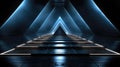 Modern studio background, dark minimalist stage with blue neon lighting. Futuristic design of empty room, showroom interior.