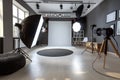Modern studio interior with pro equipment for photography, videography. Empty space with brick wall, modern, camera, tripod, Royalty Free Stock Photo