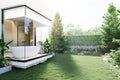 Modern style bathroom view from garden outside 3d render Royalty Free Stock Photo