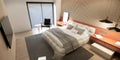 Modern style bedroom interior design and decoration with white bed and bedsheet, wooden wall decoration, tv on wall. 3d rendering