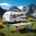 Modern Style Caravan in Mountains, Traveling and Camping Concept Background, Generative AI