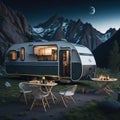 Modern Style Caravan in Mountains, Traveling and Camping Concept Background, Generative AI