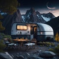 Modern Style Caravan in Mountains, Traveling and Camping Concept Background, Generative AI