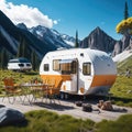 Modern Style Caravan in Mountains, Traveling and Camping Concept Background, Generative AI