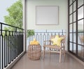 Modern style condo balcony with picture frames on the wall and tiled floor with wooden chairs and star pillows.3d rendering Royalty Free Stock Photo