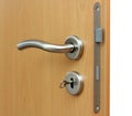 Modern style door handle on natural wooden door Royalty Free Stock Photo