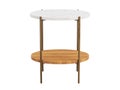Modern style oval end table with brass metal base, marble top and wooden shelve. 3d render