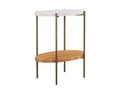 Modern style oval end table with brass metal base, marble top and wooden shelve. 3d render