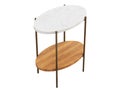 Modern style oval end table with brass metal base, marble top and wooden shelve. 3d render