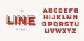 Modern style geometric font. Contour alphabet of the lines with blend effect and red spot/shadow. Bold tagline letters.