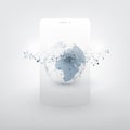 Modern Style Global Networks Design with Earth Globe, Network Mesh and Smartphone Silhouette Royalty Free Stock Photo