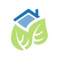 Modern Style Green and Blue Eco House, Smart Home Concept Design - Pictogram, Symbol, House Icon With Leaves