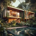 Modern style house in the middle of the forest, simple, secluded.