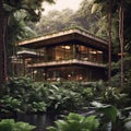 Modern style house in the middle of the forest, simple, secluded.