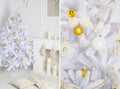 Modern style interior of fireplace with christmas tree and presents in white Royalty Free Stock Photo