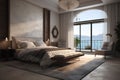 Modern style interior of large bedroom, large door to the terrace with sea view