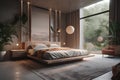 Modern style interior. Stylish bedroom with modern bed and large window