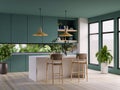 Modern style kitchen interior design with dark green wall Royalty Free Stock Photo