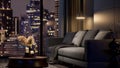 Modern style luxury black living room with blurry city view in the night background 3d render Royalty Free Stock Photo