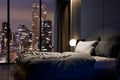 Modern style luxury black master bedroom with blurry city view in the night background 3d render Royalty Free Stock Photo