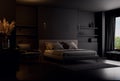 Modern style mysterious and charming black bedroom interior large window with nature view 3d render