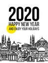 Modern style numbers 2020 with cityscape of worlds most popular tourist attractions and happy New Year greetings on a white