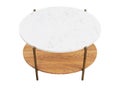 Modern style oval end table with brass metal base, marble top and wooden shelve. 3d render