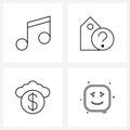 Modern Style Set of 4 line Pictograph Grid based audio; money; tag; mark; emote