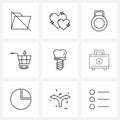 Set of 9 Simple Line Icons of screw, shops, wedding, shopping, cart Royalty Free Stock Photo