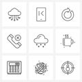 Modern Style Set of 9 line Pictograph Grid based weather, cross, basic, phone, call