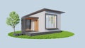 Modern style small house with a small fish pond next to the house on green grass and blue background.3d rendering Royalty Free Stock Photo