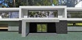 Flat roof high tech building in a forest. Entranse to the house. Black bricks, concrete and gray marble finishing. 3d render.