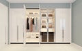 Modern style walk in closet.White wardrobe.