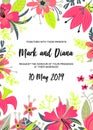 Modern style wedding invitation card with flower frame background, hand drawn floral elements label. Vector design template, Royalty Free Stock Photo