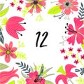 Modern style wedding table number card with flower frame background, hand drawn floral elements label. Vector design template,