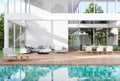 Modern style white house exterior with wooden terrace and blue tile swimming pool 3d render Royalty Free Stock Photo