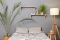 Modern stylish bedroom with gray walls decor on shelves flowers and lamp Royalty Free Stock Photo
