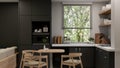 Modern stylish black and white kitchen with black kitchen cabinet and cupboard, dining table