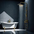 Modern Stylish Concrete Bathroom Interior, Ceramic bathtub, Art Lights on Ceiling, Mirror and metal Elements, Geometric Tiles Royalty Free Stock Photo