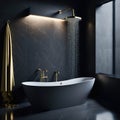 Modern Stylish Concrete Bathroom Interior, Ceramic bathtub, Art Lights on Ceiling, Mirror and metal Elements, Geometric Tiles Royalty Free Stock Photo