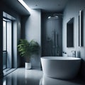 Modern Stylish Concrete Bathroom Interior, Ceramic bathtub, Art Lights on Ceiling, Mirror and metal Elements, Window with Soft Royalty Free Stock Photo