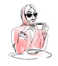A modern stylish girl in sunglasses, a jacket and a headscarf is drinking coffee at a cafe table. Vector sketch with