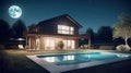 Modern stylish home with large panoramic windows and a swimming pool in the foreground at night in the moonlight. Modern Royalty Free Stock Photo