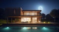 Modern stylish home with large windows and a swimming pool in the foreground at night in the moonlight. Modern Royalty Free Stock Photo