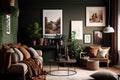 Modern stylish interior of living room with brown leather sofa, green walls, and potted plants. Generative AI Royalty Free Stock Photo