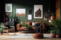 Modern stylish interior of living room with brown leather sofa, green walls, and potted plants. Generative AI Royalty Free Stock Photo