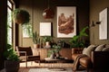 Modern stylish interior of living room with brown leather sofa, green walls, and potted plants. Generative AI Royalty Free Stock Photo