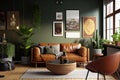 Modern stylish interior of living room with brown leather sofa, green walls, and potted plants. Generative AI Royalty Free Stock Photo