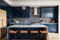 Modern stylish kitchen interior in dark blue tones. Royalty Free Stock Photo