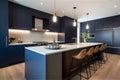 Modern stylish kitchen interior in dark blue tones. Royalty Free Stock Photo
